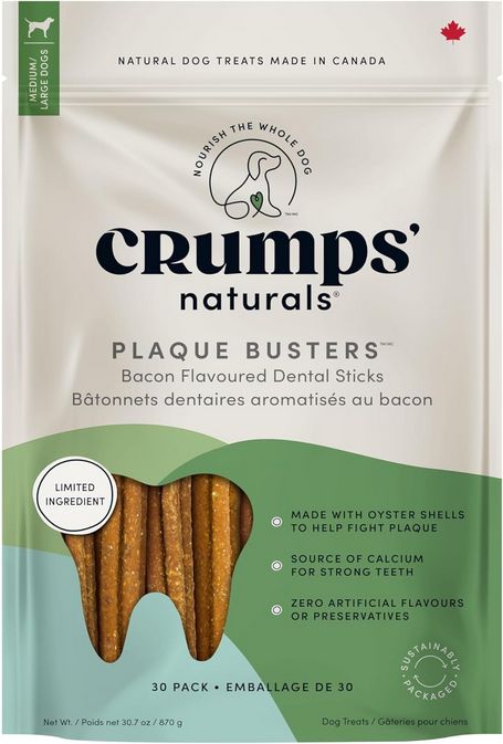 CRUMPS PLAQUE BUSTERS 30 PACK PEANUT BUTTER BACON DENTAL CHEWS