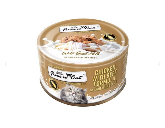 FUSSIE CAT 2.47OZ CHICKEN BEEF GOAT MILK