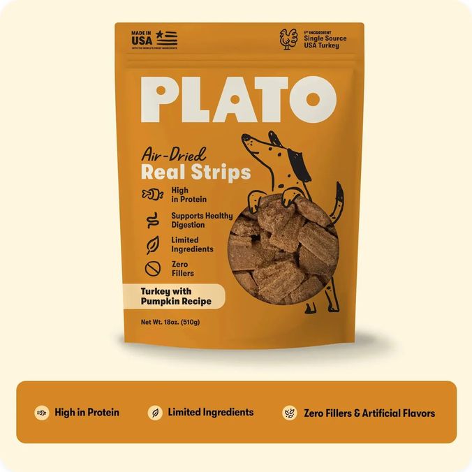 PLATO DOG 18OZ STRIPS TURKEY W/PUMPKIN