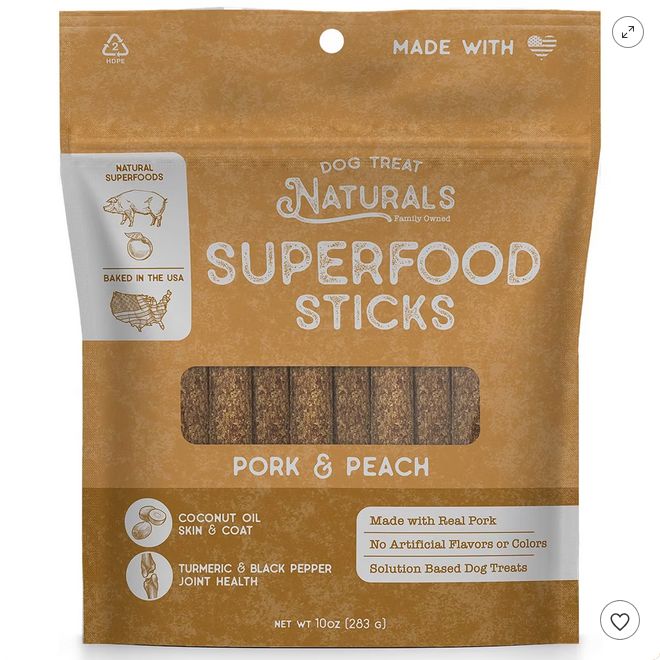 DOG TREAT NATURALS 10OZ SUPERFOOD STICKS PORK/PEACH