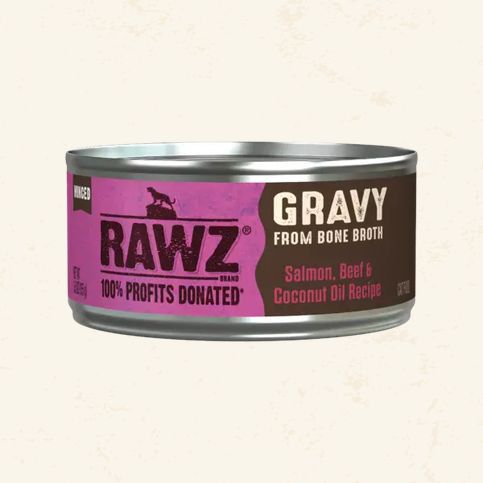RAWZ CAT 3OZ CAN SALMON, BEEF, COCONUT OIL IN GRAVY