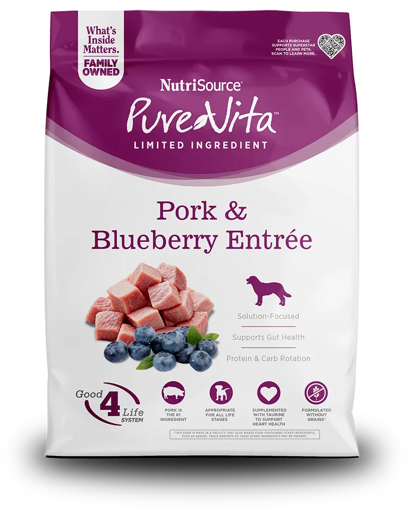 NUTRISOURCE DOG 25# PURE VITA GF PORK &amp; BLUEBERRY