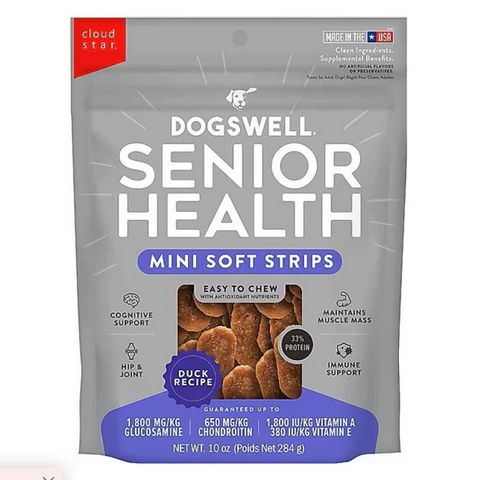 DOGSWELL 10OZ SENIOR HEALTH MINI STRIPS DUCK