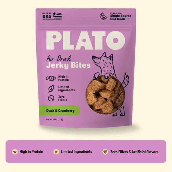 PLATO DOG 6OZ JERKY BITES DUCK &amp; CRANBERRY
