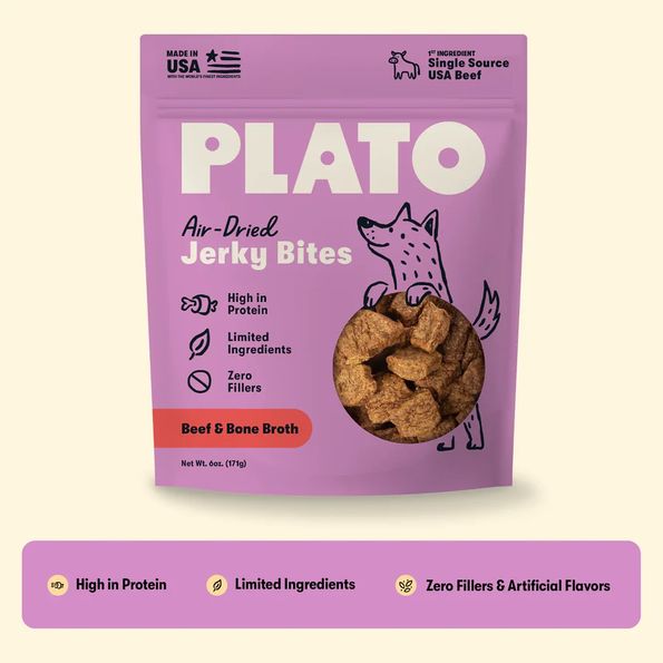 PLATO DOG 6OZ JERKY BITES BEEF &amp; BONE BROTH