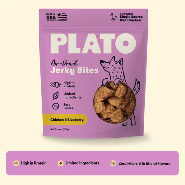 PLATO DOG 6OZ AIR DRIED JERKY CHICKEN &amp; BLUEBERRY