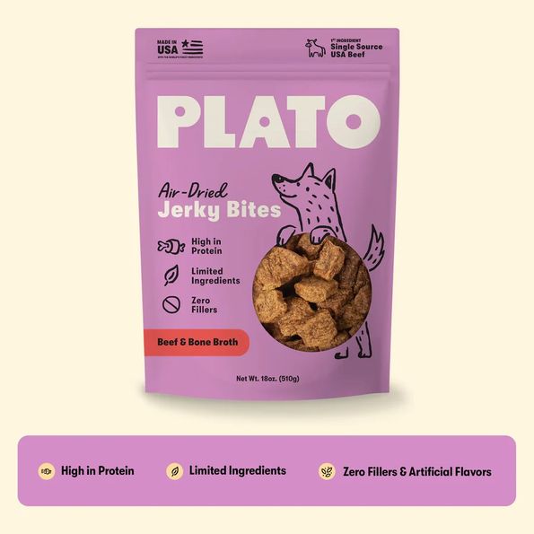 PLATO DOG 18OZ AIR DRIED JERKY BEEF &amp; BONE BROTH