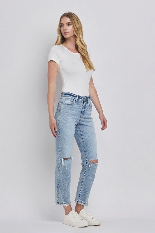 High Rise Distressed Straight Jeans