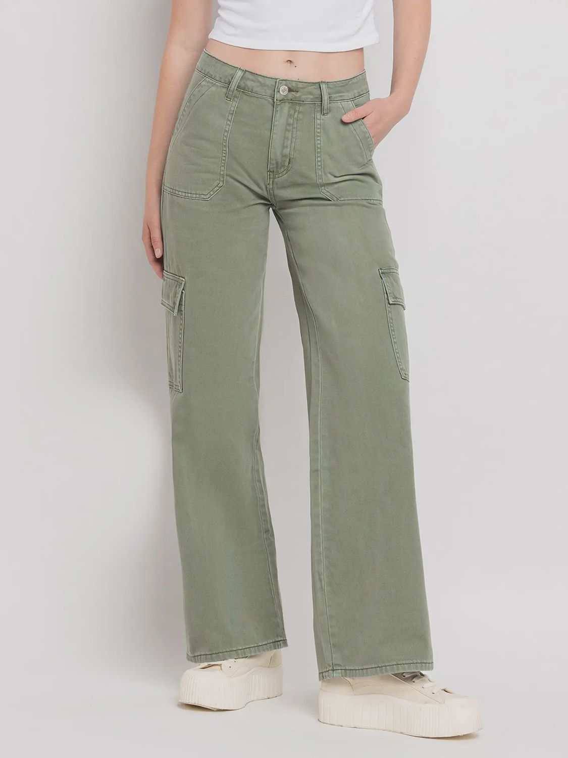 High Rise Utility Cargo Wide Leg Jeans