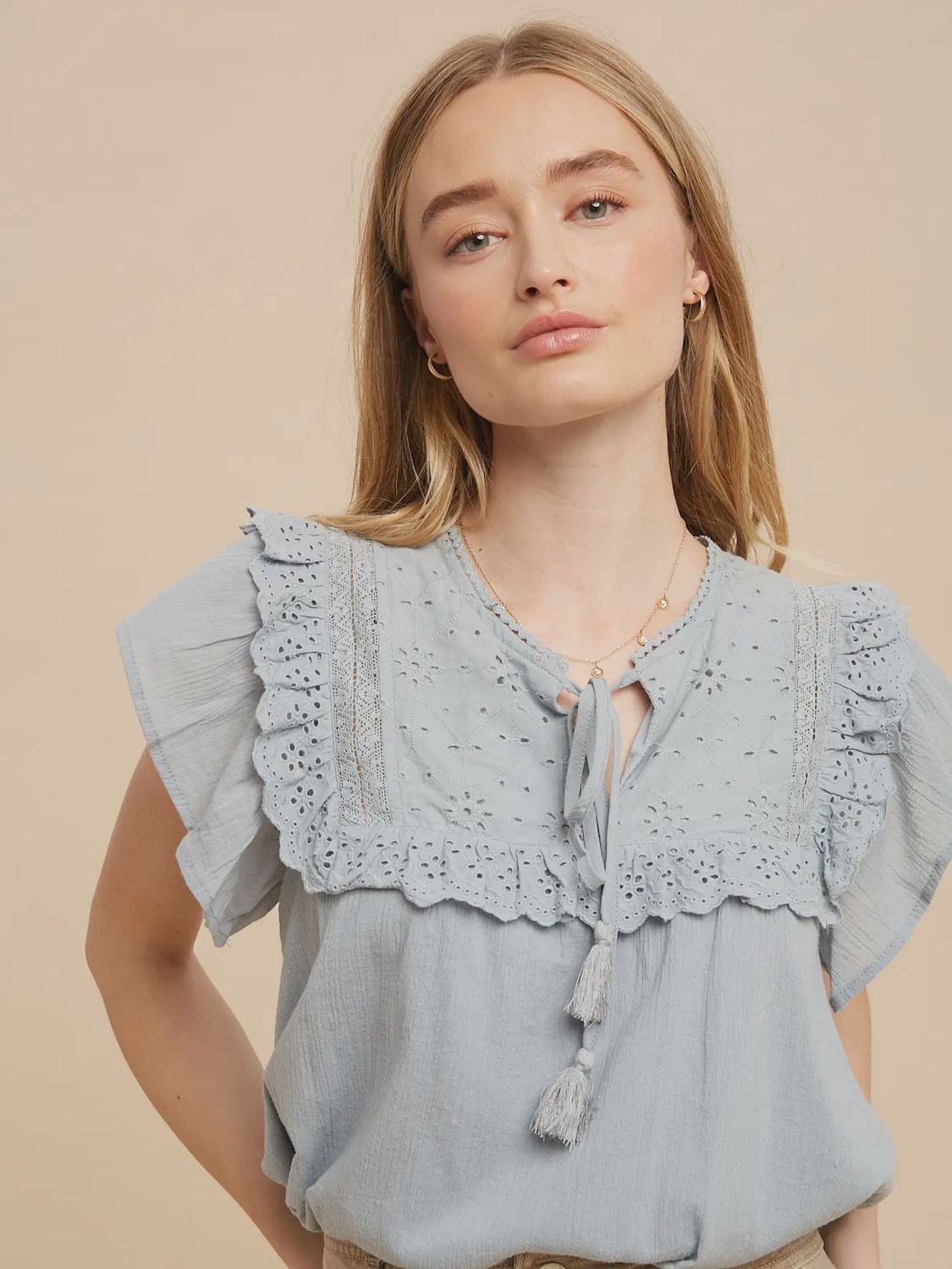 Eyelet Flutter Sleeve Tie Front Blouse