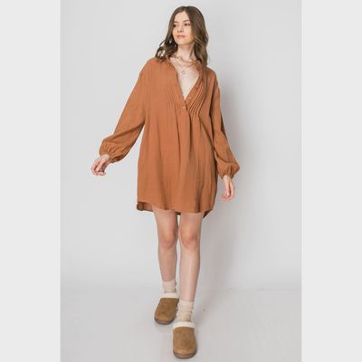 Long Sleeve Button Tunic Dress with Pockets