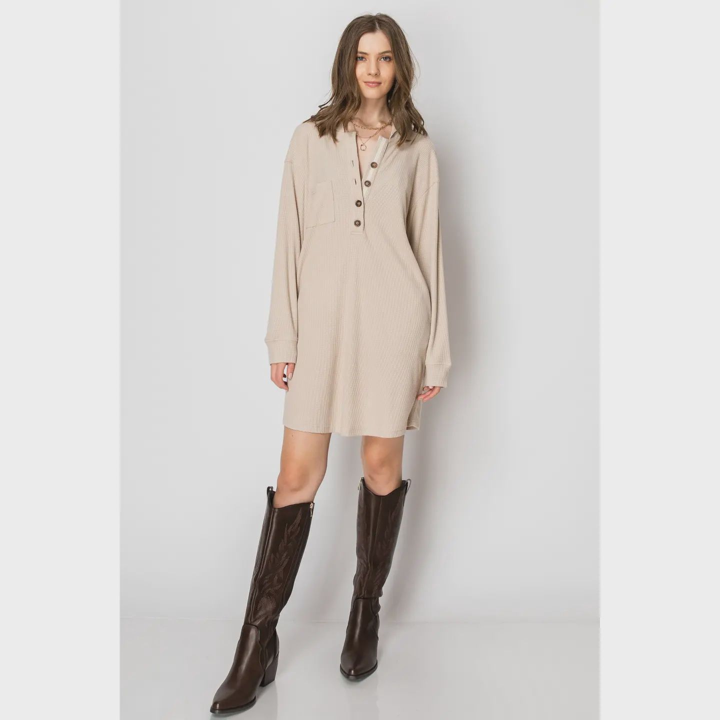 Waffle Knit Long Sleeve Hoodie Dress with Pockets