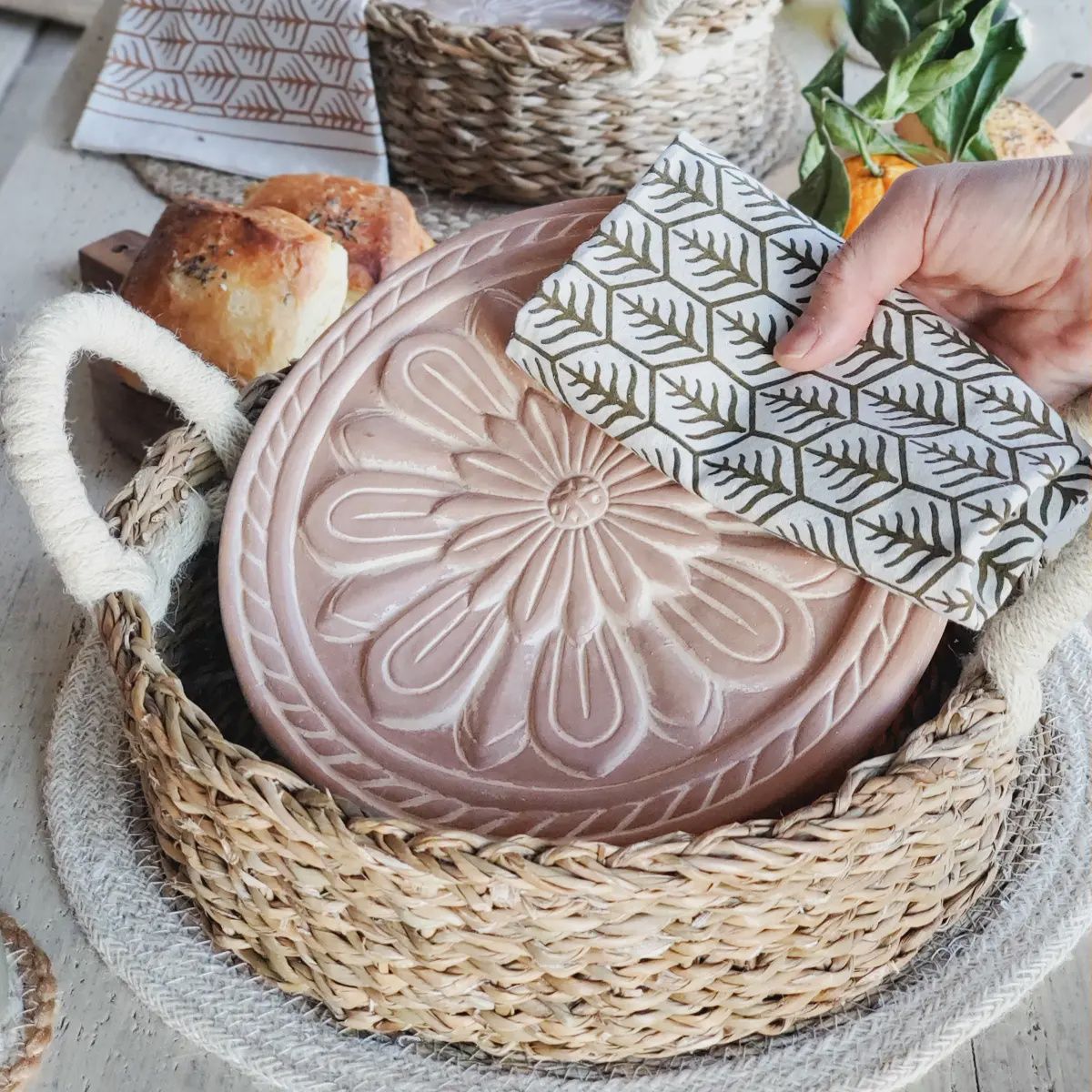 Handmade Bread Warmer &amp; Wicker Basket - Vintage Flower Round