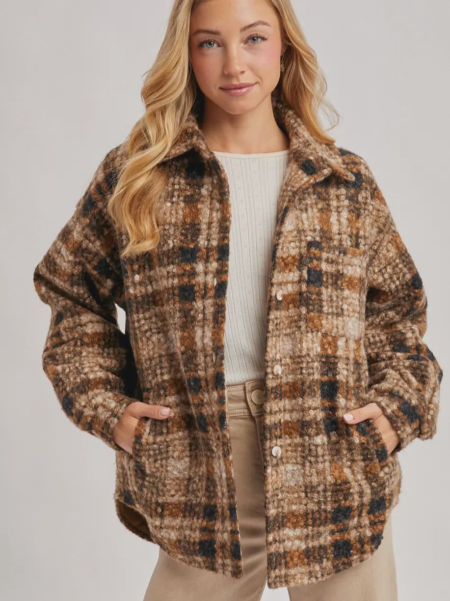Brown Plaid Boucle Shacket with Pockets