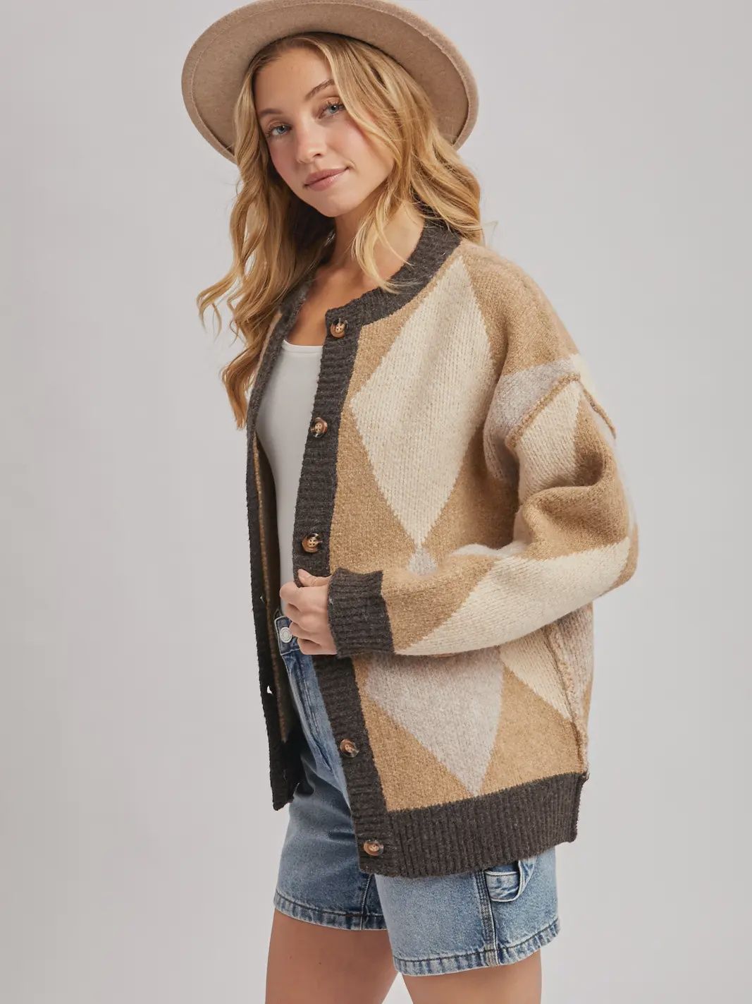 Button Down Argyle Knit Sweater Cardigan