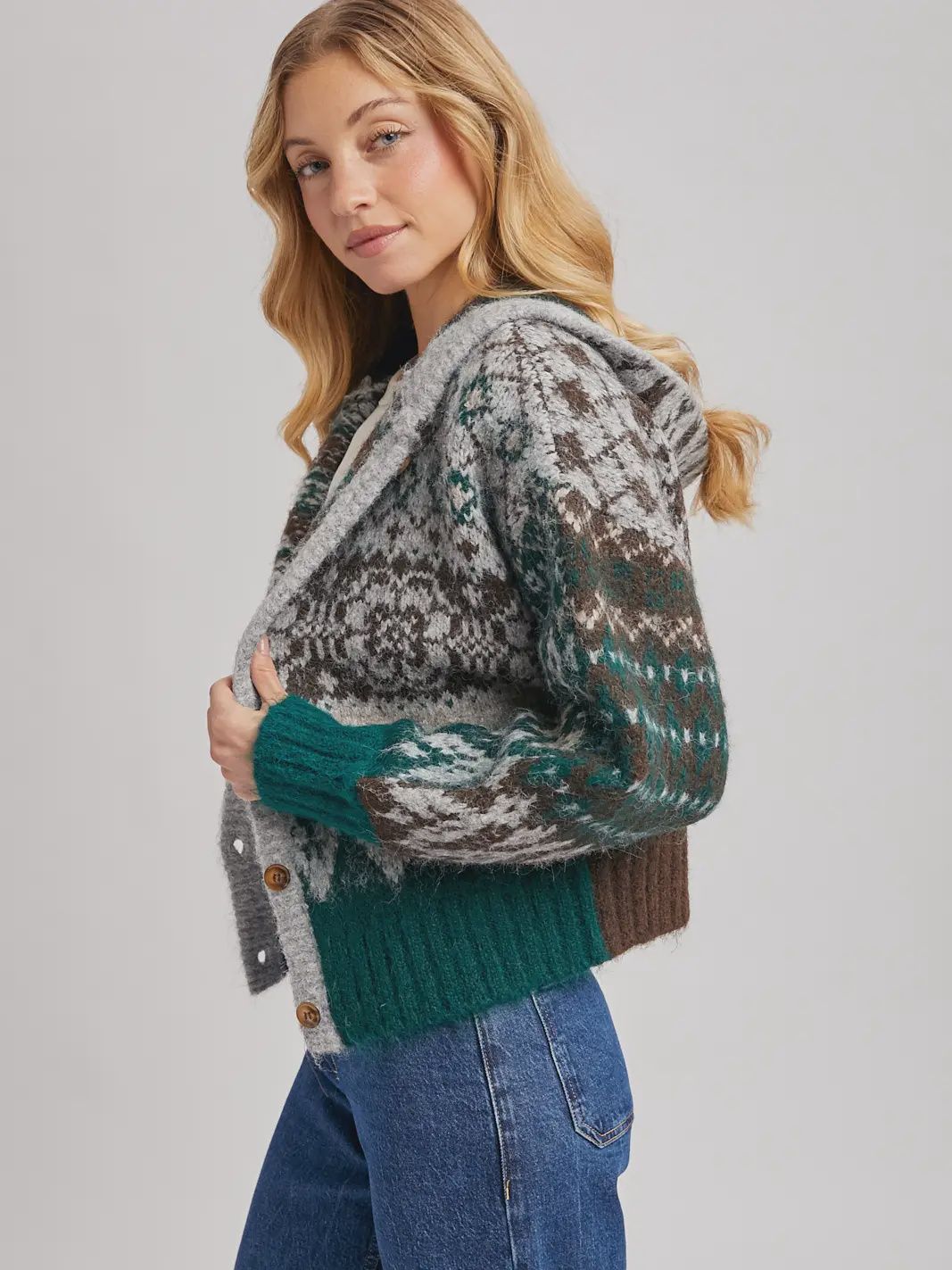 Fair Isle Button Down Knit Sweater Cardigan Hoodie