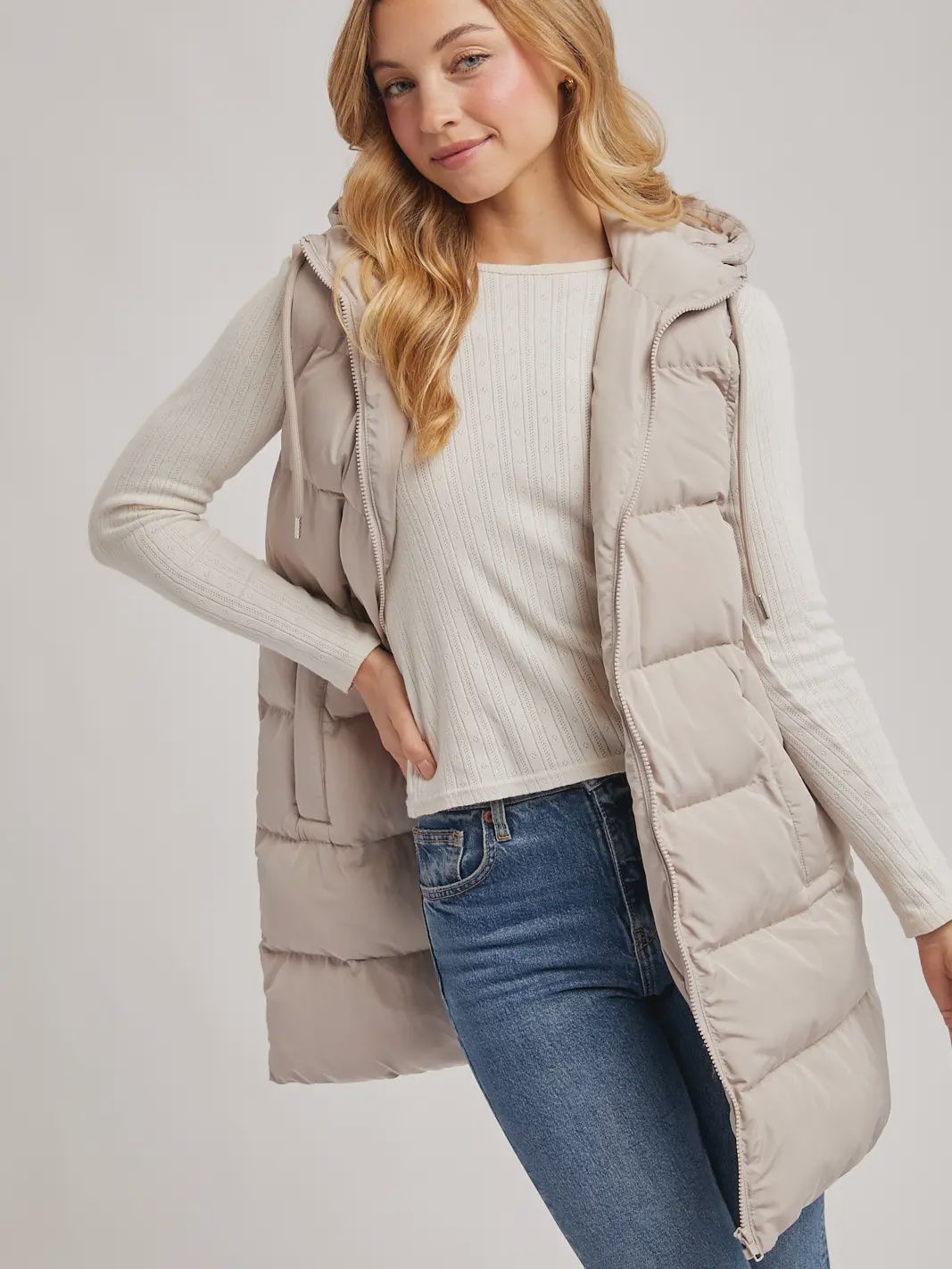 Hooded Zipper Down Longline Puffer Vest