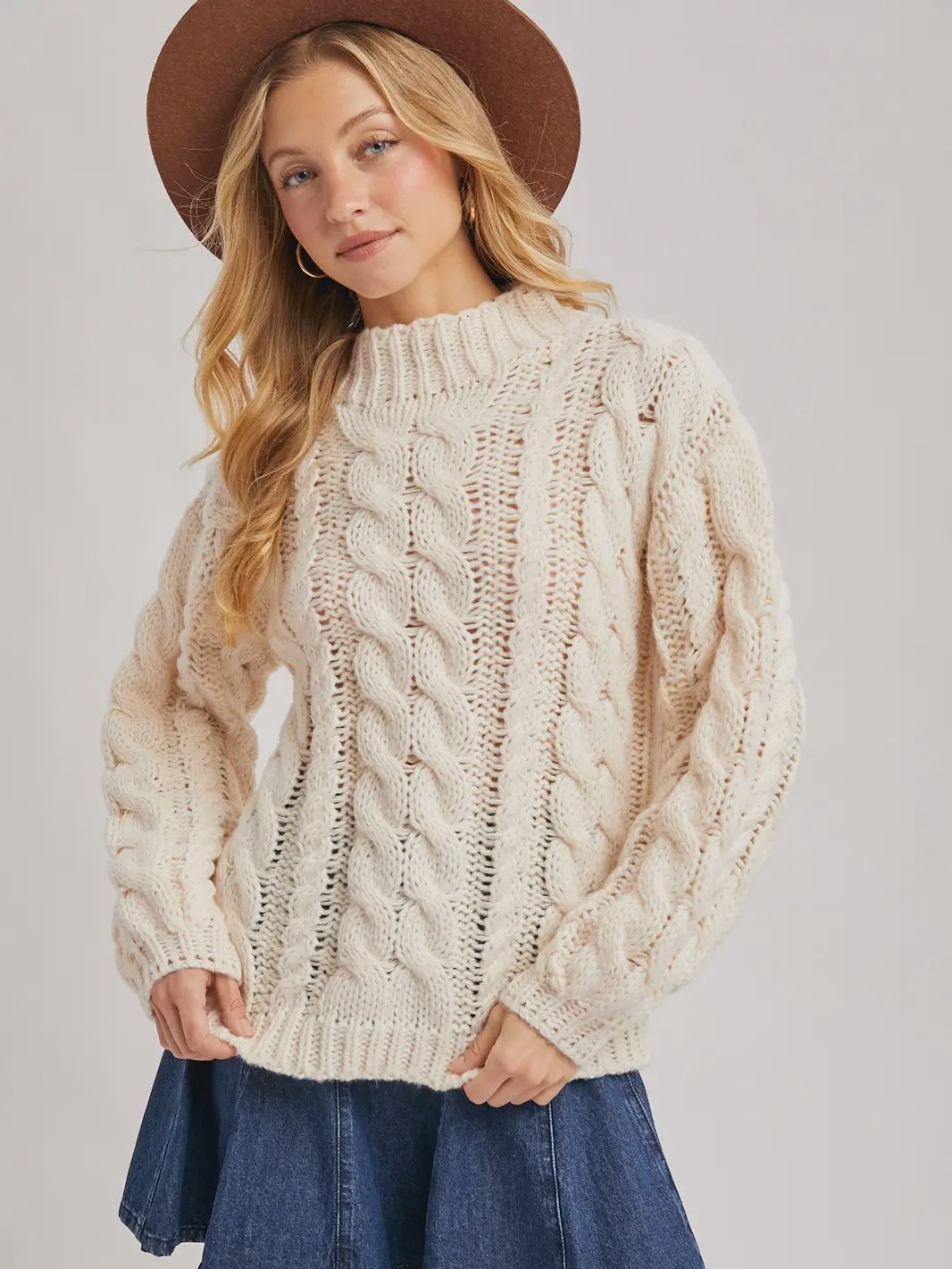 Mock Neck Cable Chunky Knit Sweater