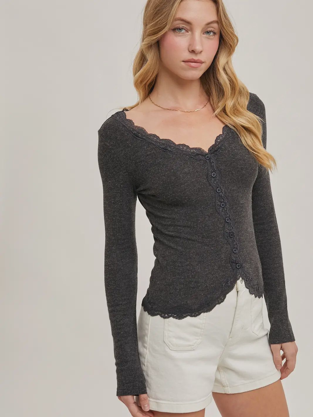 Button Down Lace Trimmed Knit Cardigan Top