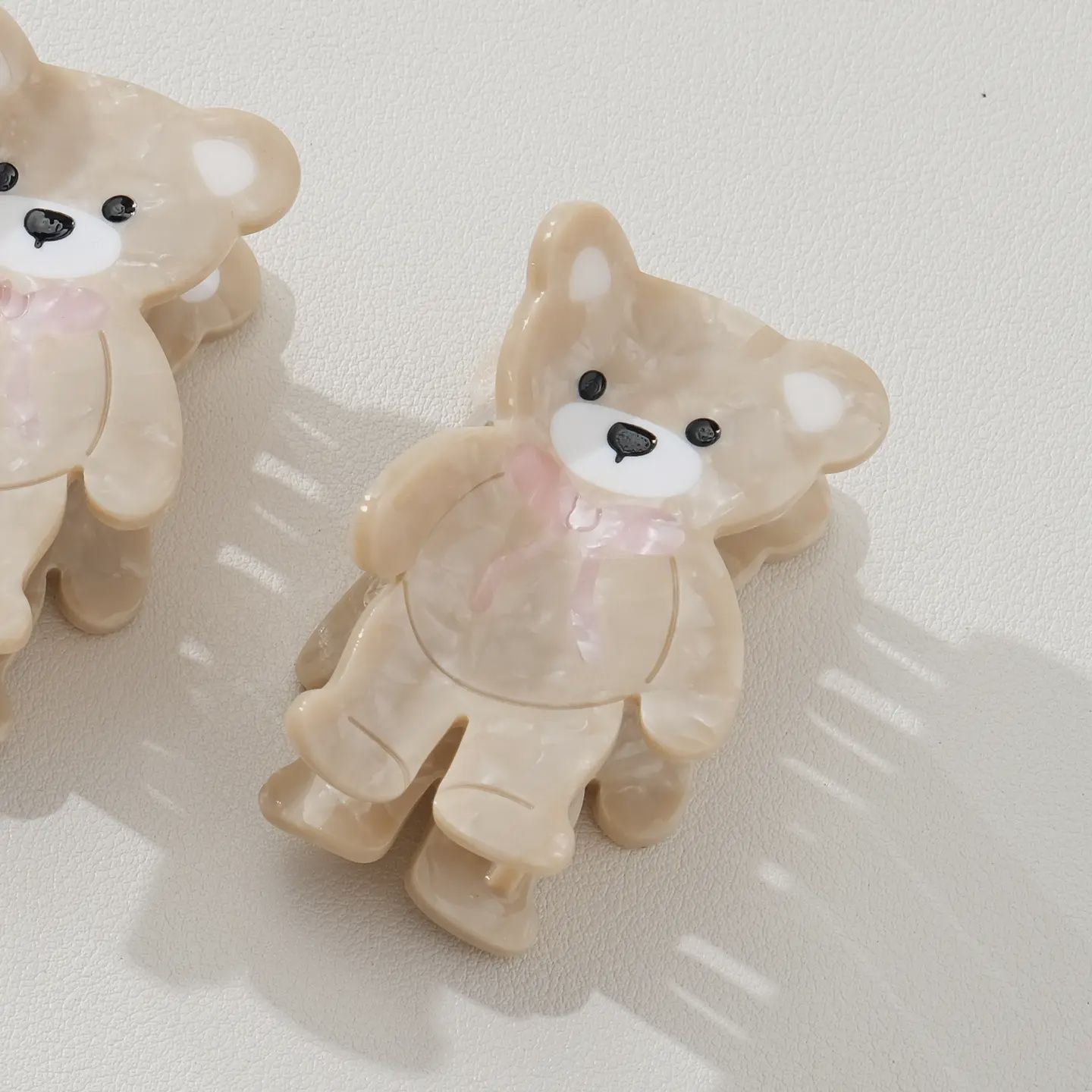 Petite Pink Bow Beige Teddy Bear Claw Clip