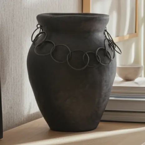 Ceramic Rustic Chain Amphora Vase - Black, 10 in.
