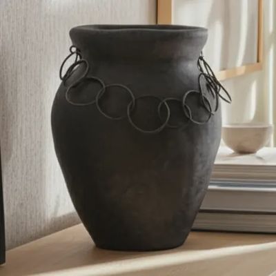Ceramic Rustic Chain Amphora Vase - Black, 10 in.