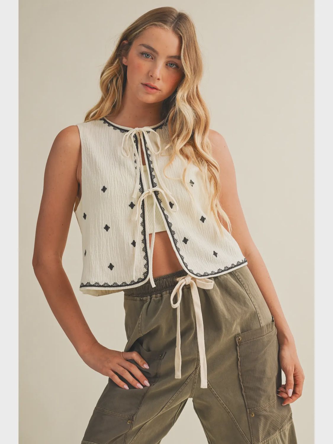 Embroidered Tie Front Vest