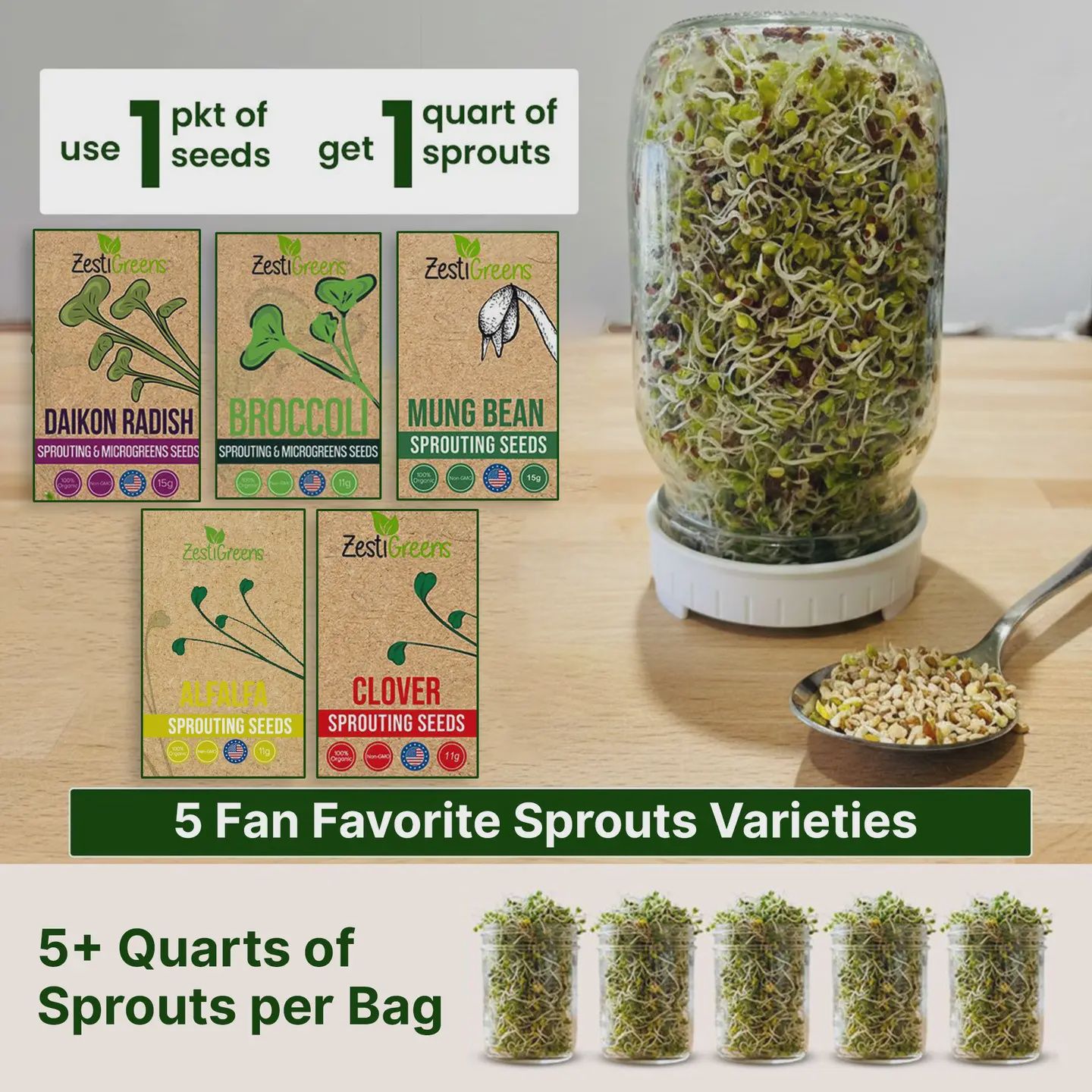 Organic 5 Variety Pack of Fresh Sprouting Seeds