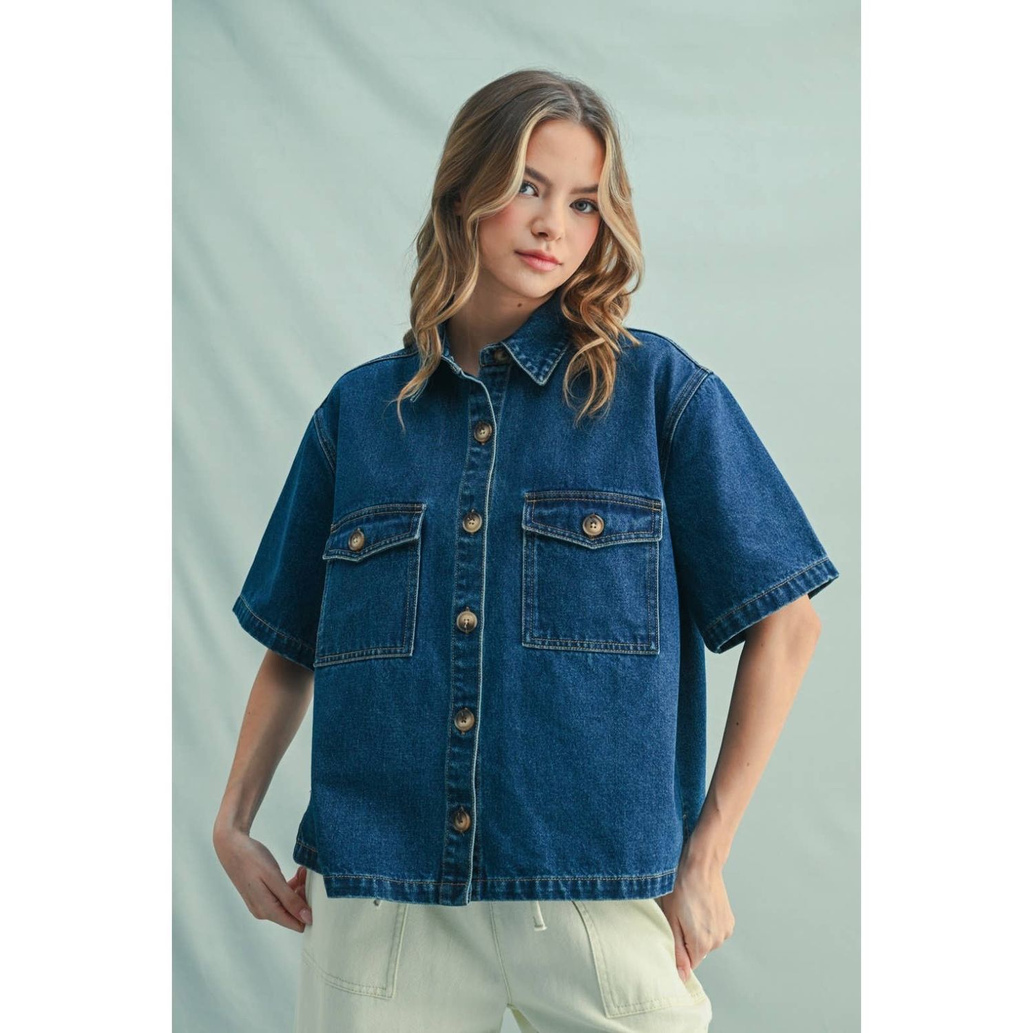 Button Up Denim Shirt, Color: D.DENIM, Size: L