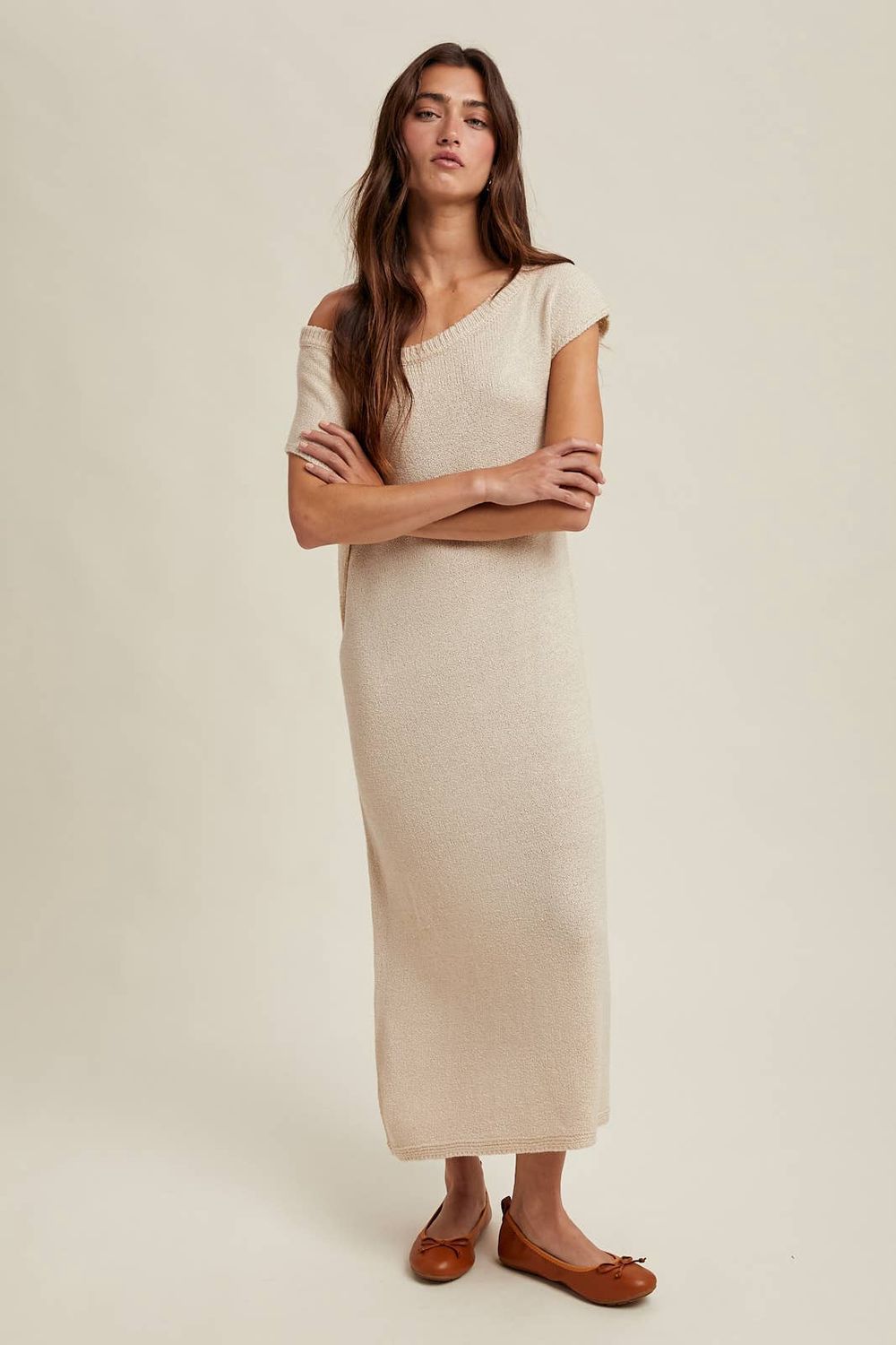 Scoop Neck Knit Sweater Midi Dress, Color: ECRU, Size: L