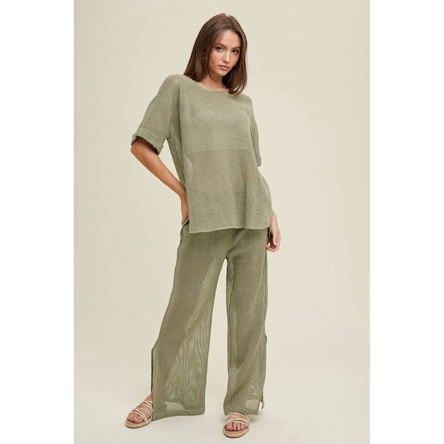 Two Piece Sheer Mesh Top and Pants Set, Color: G.MINT, Size: S