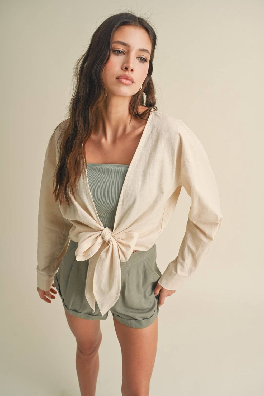 Cotton Self Tie Cardigan with Cuff Detail, Color: NATURAL, Size: M