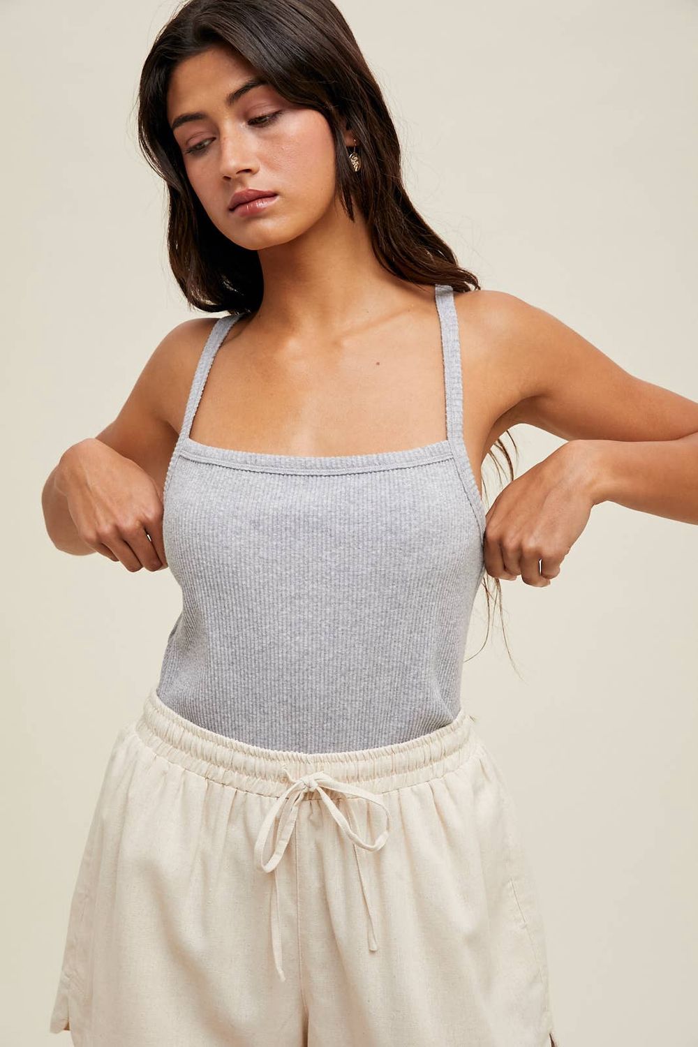 Ribbed Knit Square Neck Cami, Color: H.GREY, Size: M