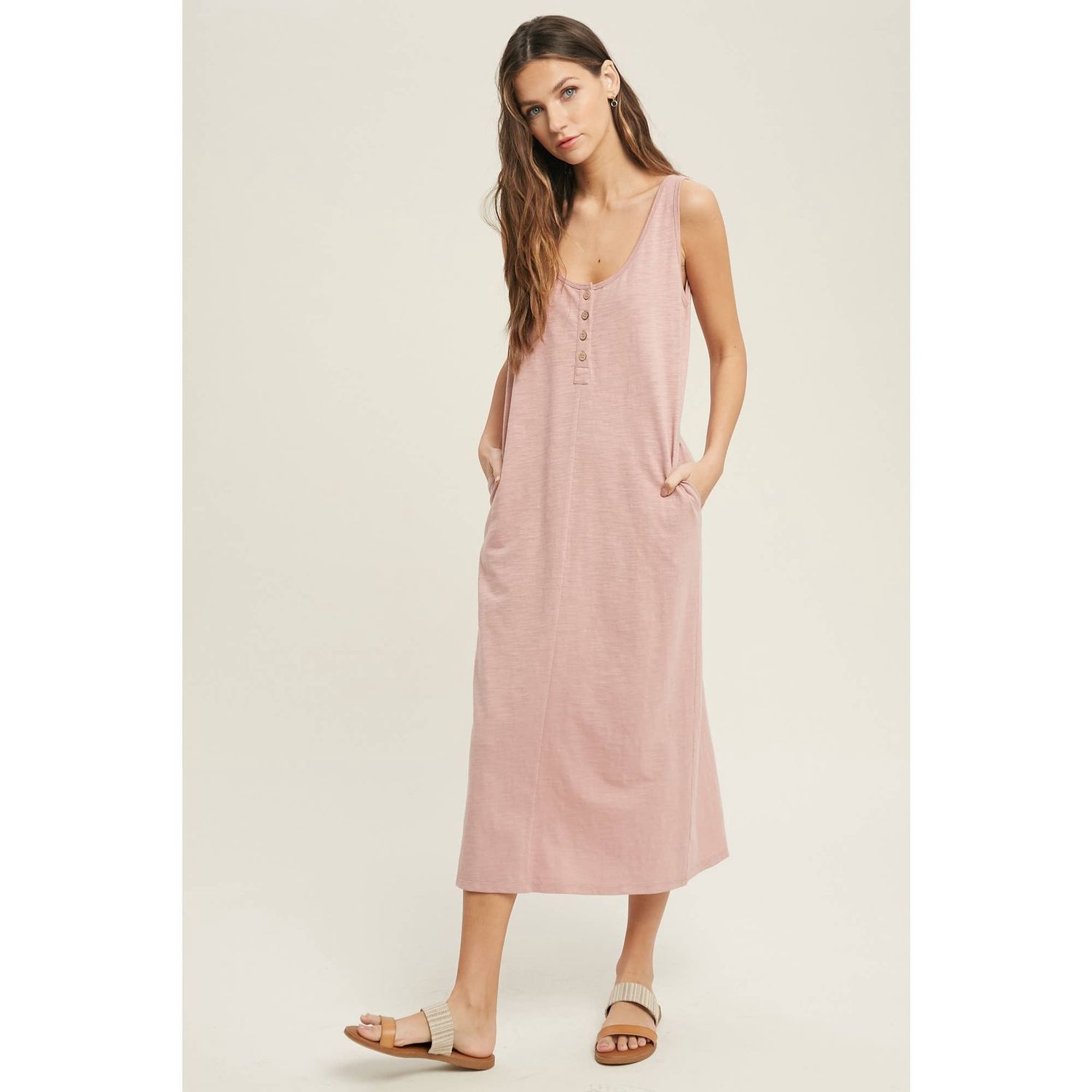 Button Up Tank Midi Dress with Side Pockets, Color: MAUVE, Size: M