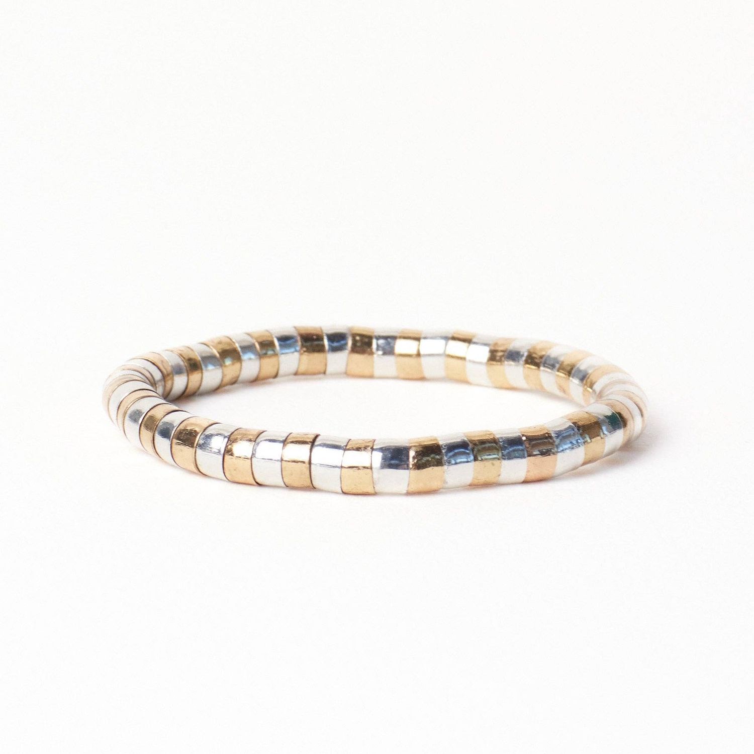 Lucille Round Bead Stretch Bracelet Alternating Brass + Silver