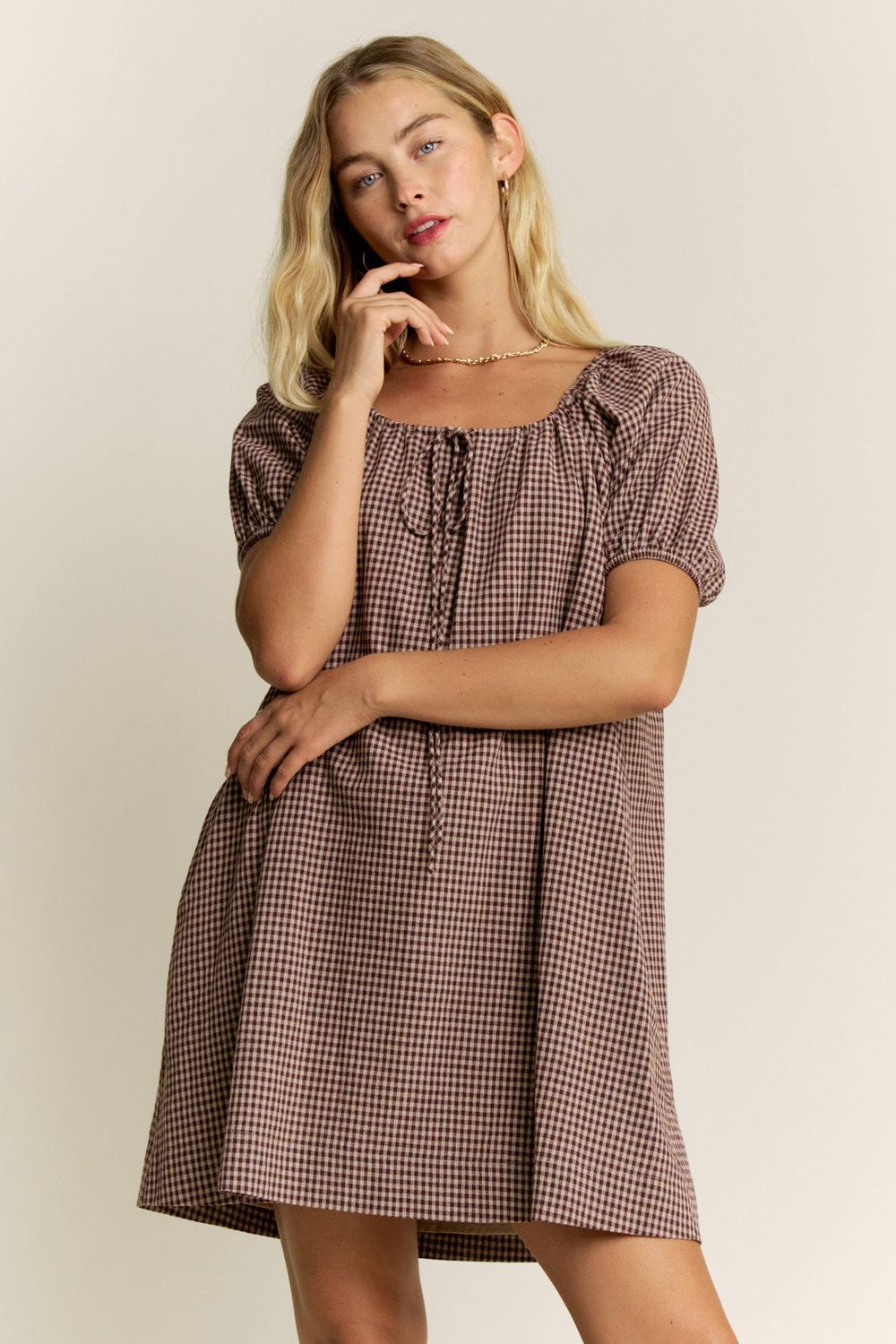 Gingham Puff Sleeve Drawstring Neck Dress
