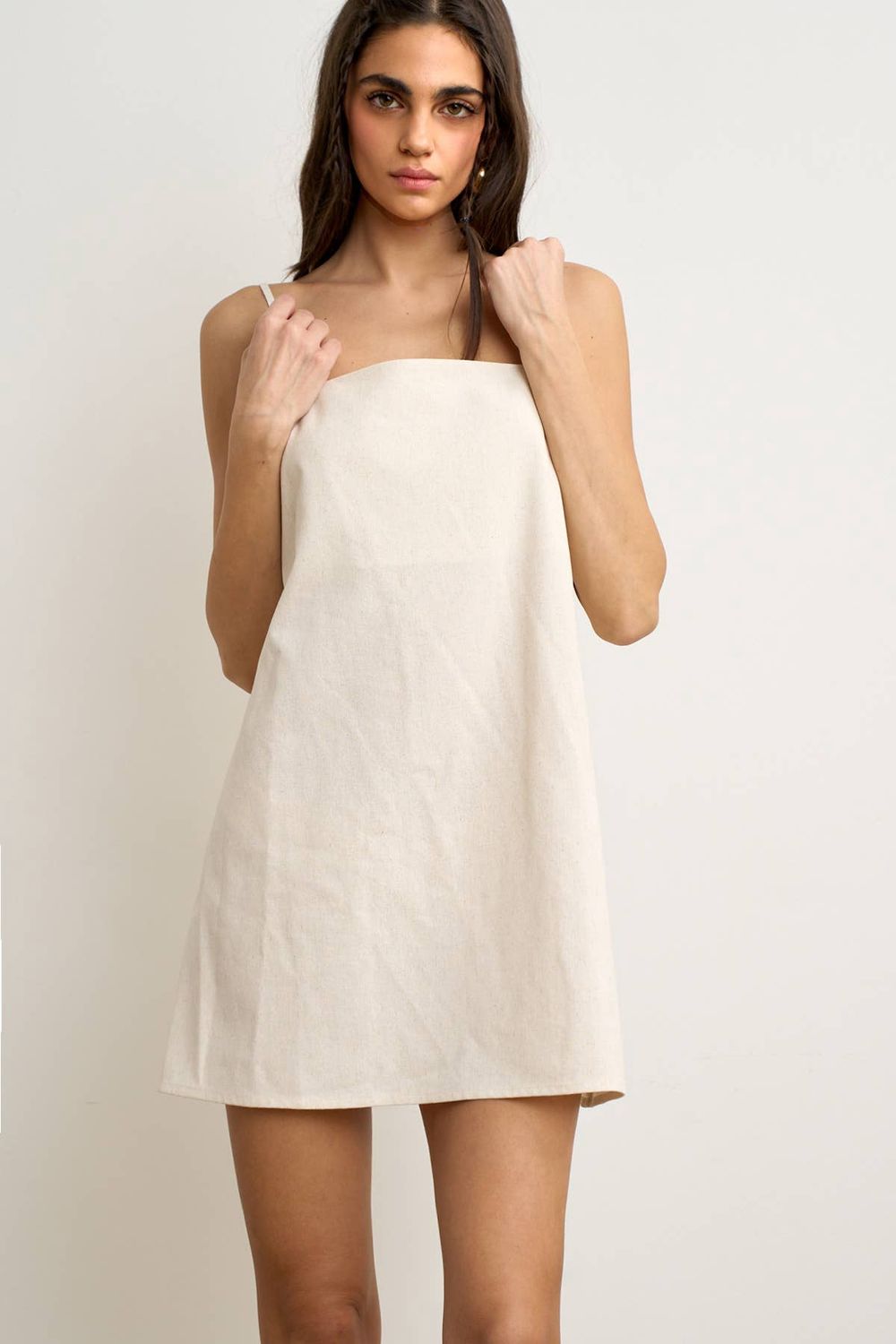 Adjustable Tie-Back Square Neck Linen Mini Dress, Color: Oat, Size: S