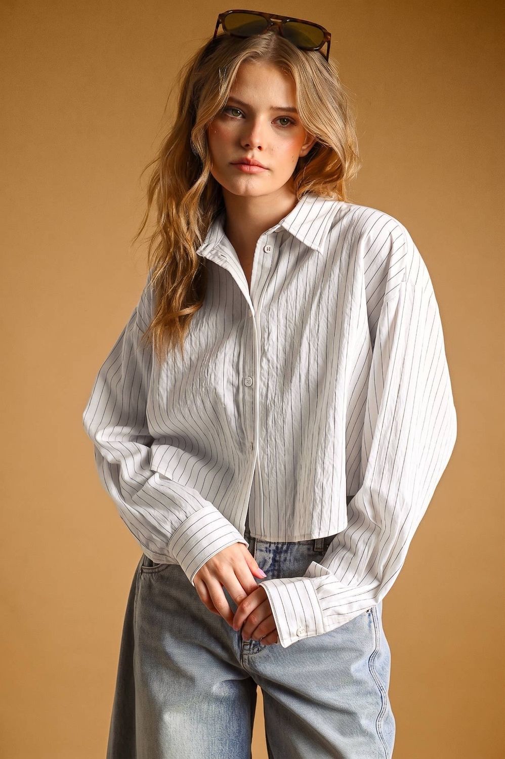 Crop Pinstripe Button Down, Color: WHITE, Size: S