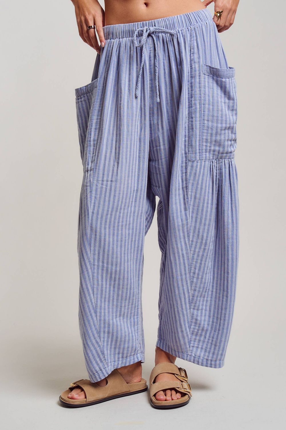 Striped Cotton Drawstring Harem Pants, Color: Blue, Size: Small