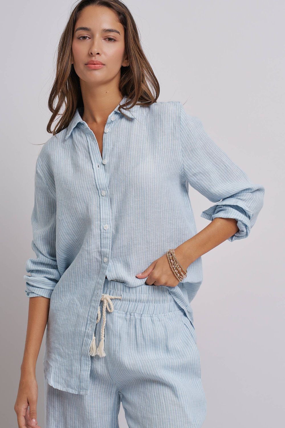 Linen Long Sleeve Button-Down Shirt, Color: BLUE STRIPE, Size: SMALL