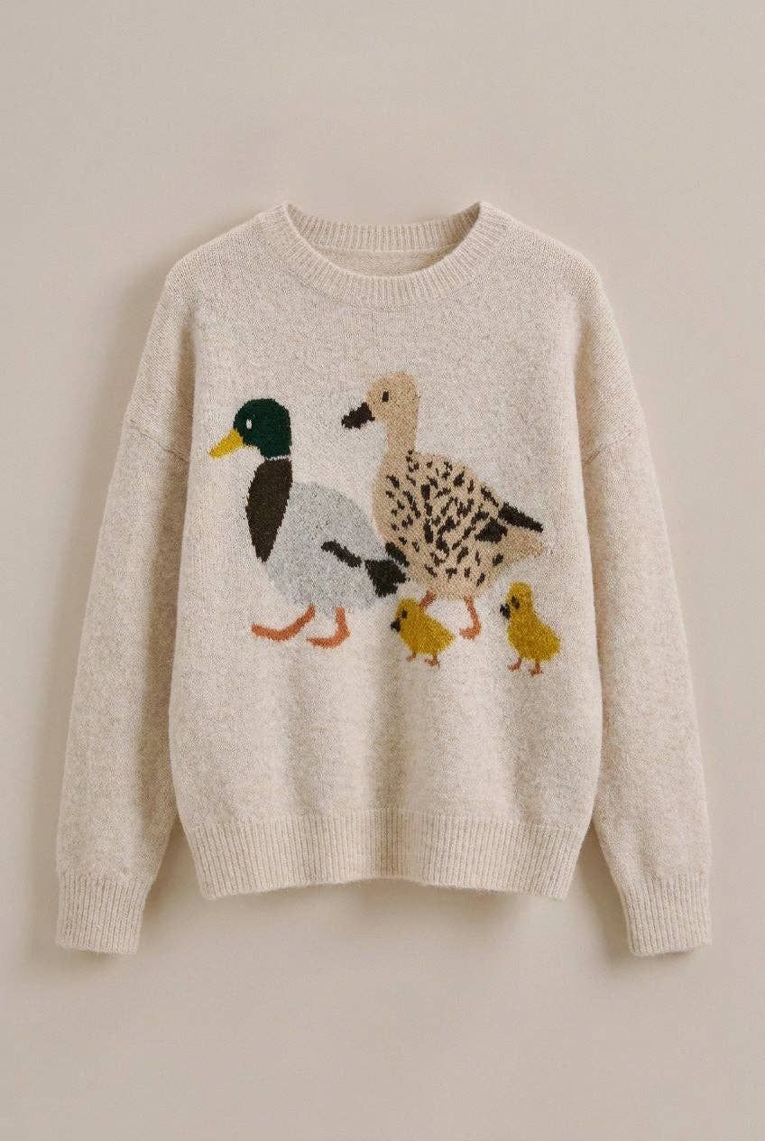 Mallard Duck Intarsia Knit Sweater, Color: Taupe, Size: S/M