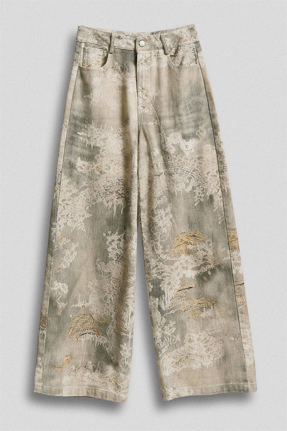 Vintage Lace Printed Cotton Wide Leg Pants