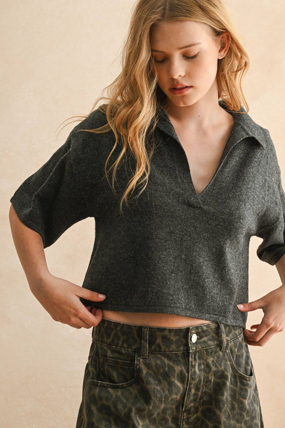 V-Neck Collared Crop Knit Polo, Color: CHARCOAL, Size: S