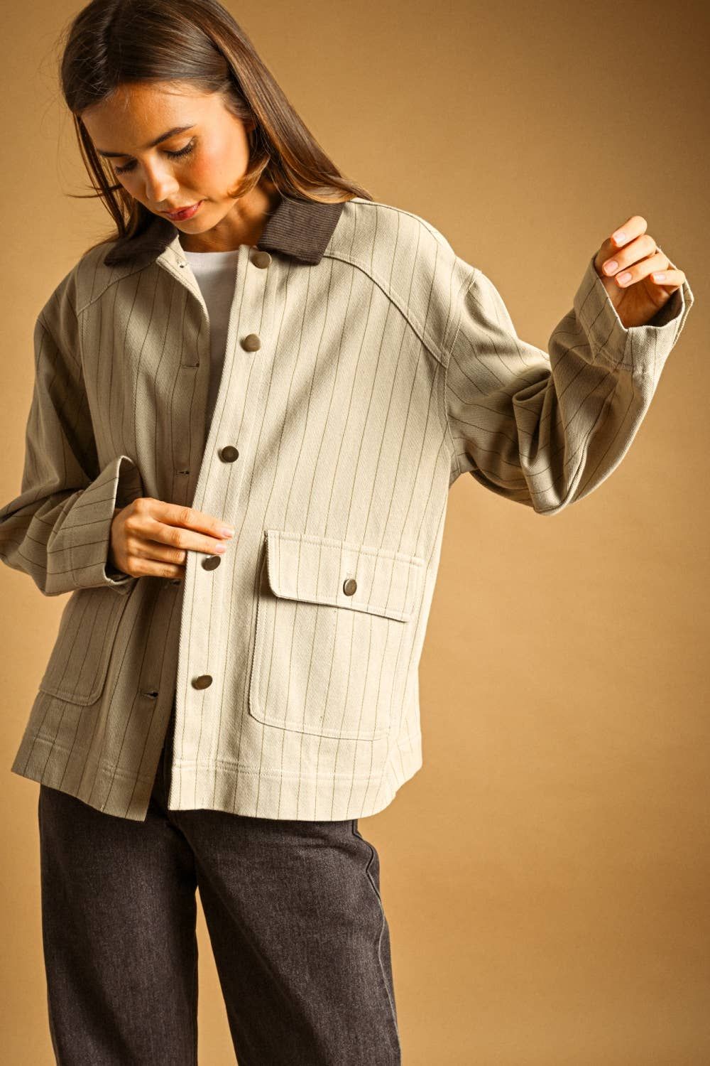 Striped Pattern Barn Jacket, Color: STONE/OLIVE, Size: L