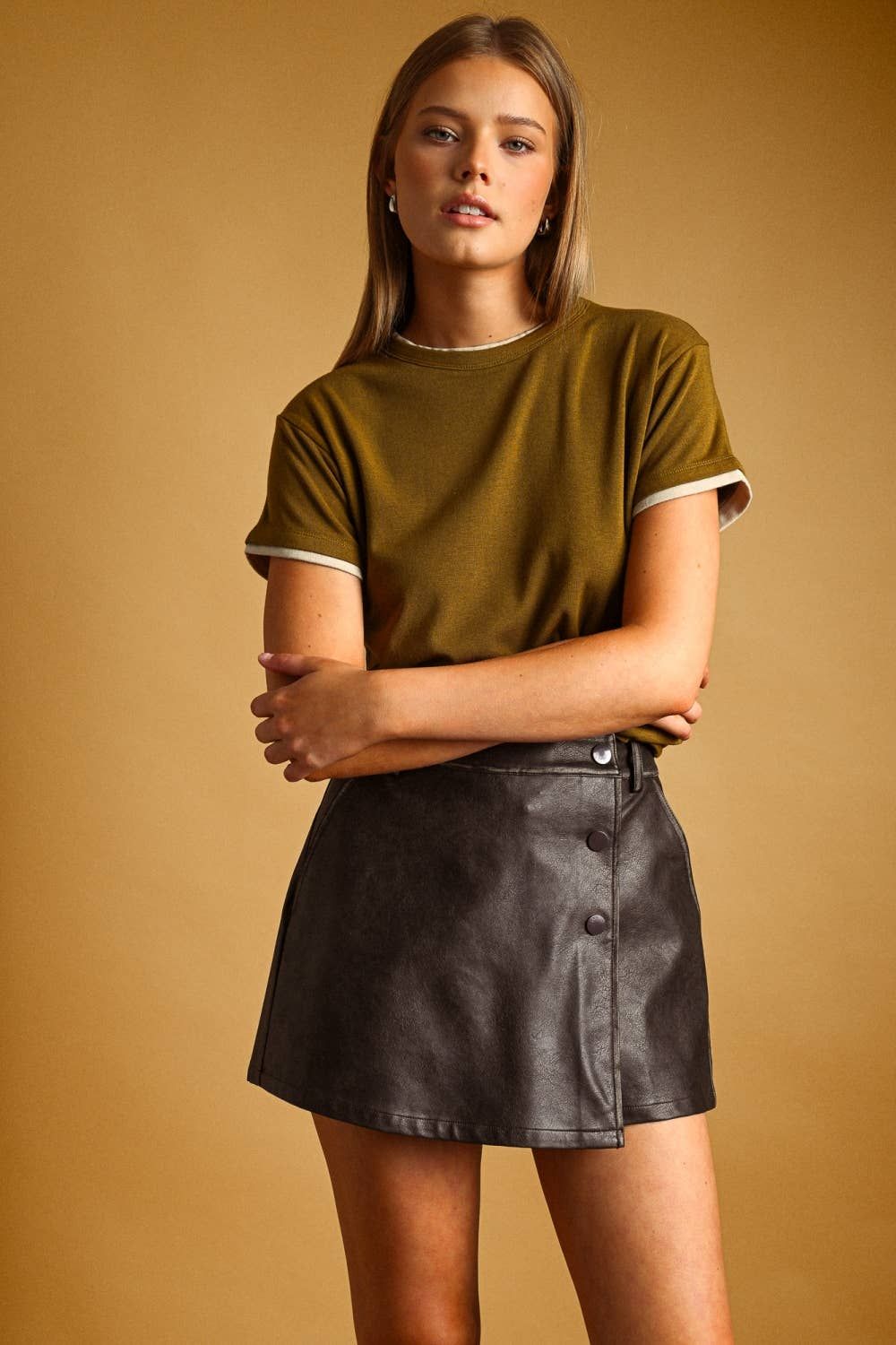 Double Layered Look Short Sleeve Top, Color: GREEN OLIVE/BEIGE, Size: S