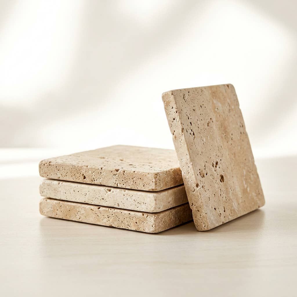 Natural Stone Drink Coasters (Set of 4) | 4x4", Color: Travertine