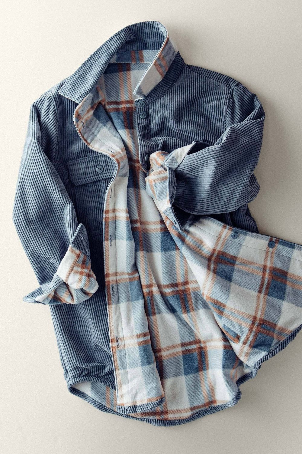Plaid Lined Corduroy Flannel Shacket, Color: BLUE STONE, Size: S