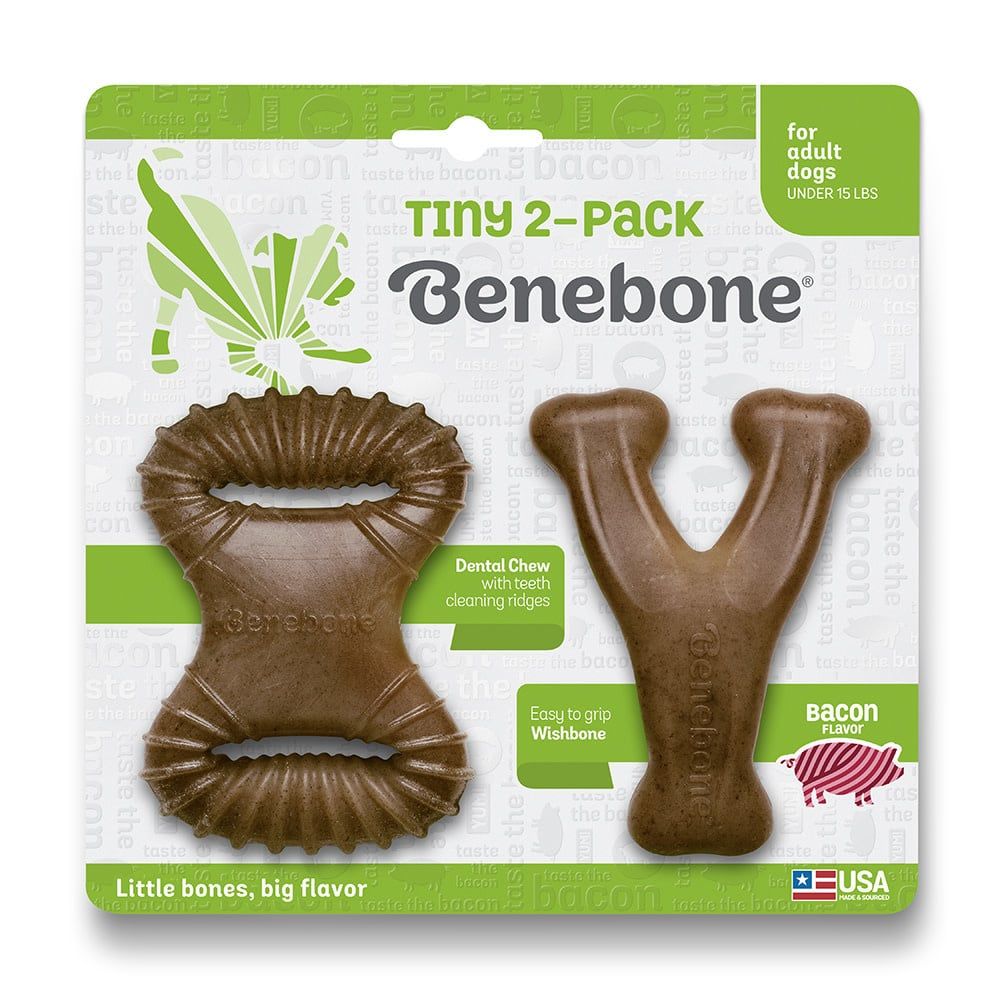 Benebone Bacon Chew: Tiny, 2 pack Dental Chew &amp; Wishbone