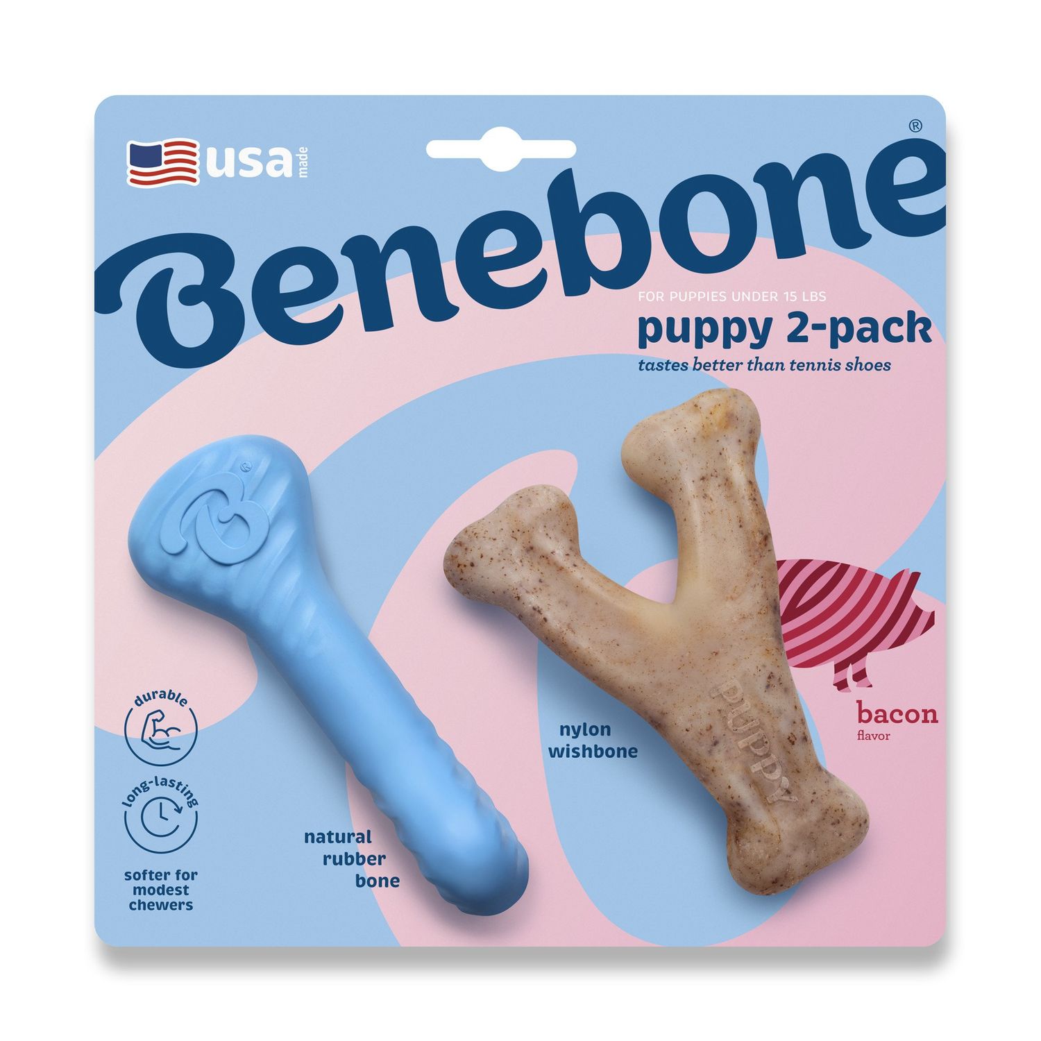 Benebone Bacon Chew: Puppy, 2 pack Rubber Bone &amp; Wishbone