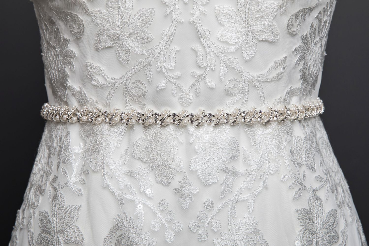 JU22-BELT-63, Color: Silver/Ivory, Size: 18&quot; of Beading, 3/8&quot; Satin Ribbon Ties